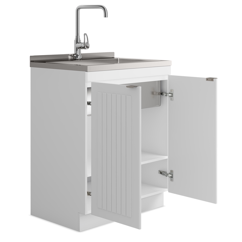Pemberly Row 28 in White Laundry Sink Cabinet with High Arch Faucet