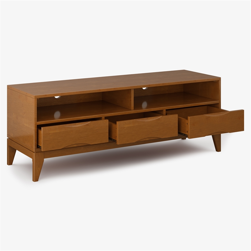 Pemberly Row Mid Century Solid Wood TV Stand with Bookcases Set in Teak Brown