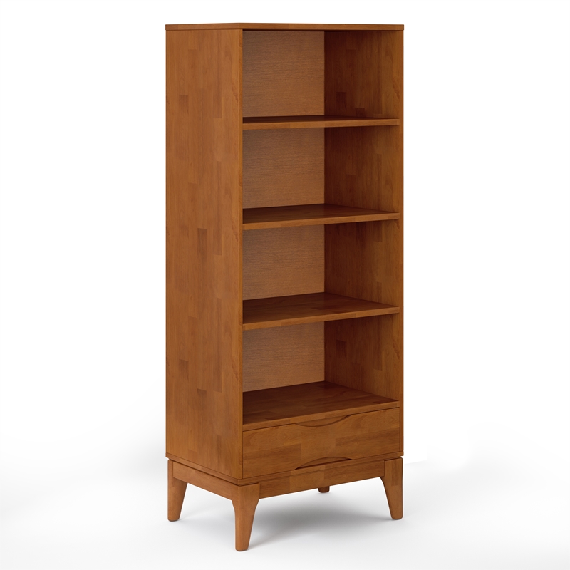 Pemberly Row Mid Century Solid Wood TV Stand with Bookcases Set in Teak Brown