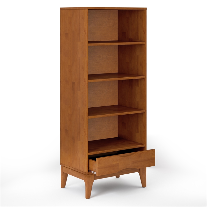 Pemberly Row Mid Century Solid Wood TV Stand with Bookcases Set in Teak Brown