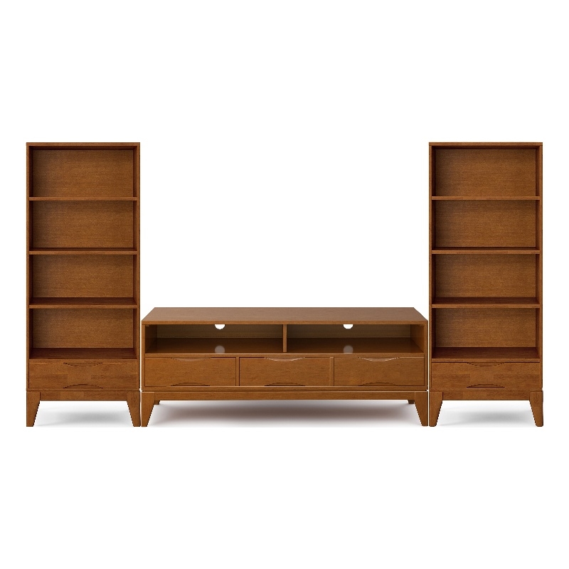 Pemberly Row Mid Century Solid Wood TV Stand with Bookcases Set in Teak Brown
