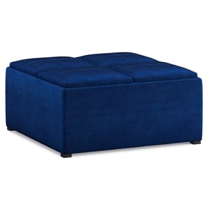 Pemberly Row Coffee Table Storage Ottoman with Flip Trays in Blue Velvet