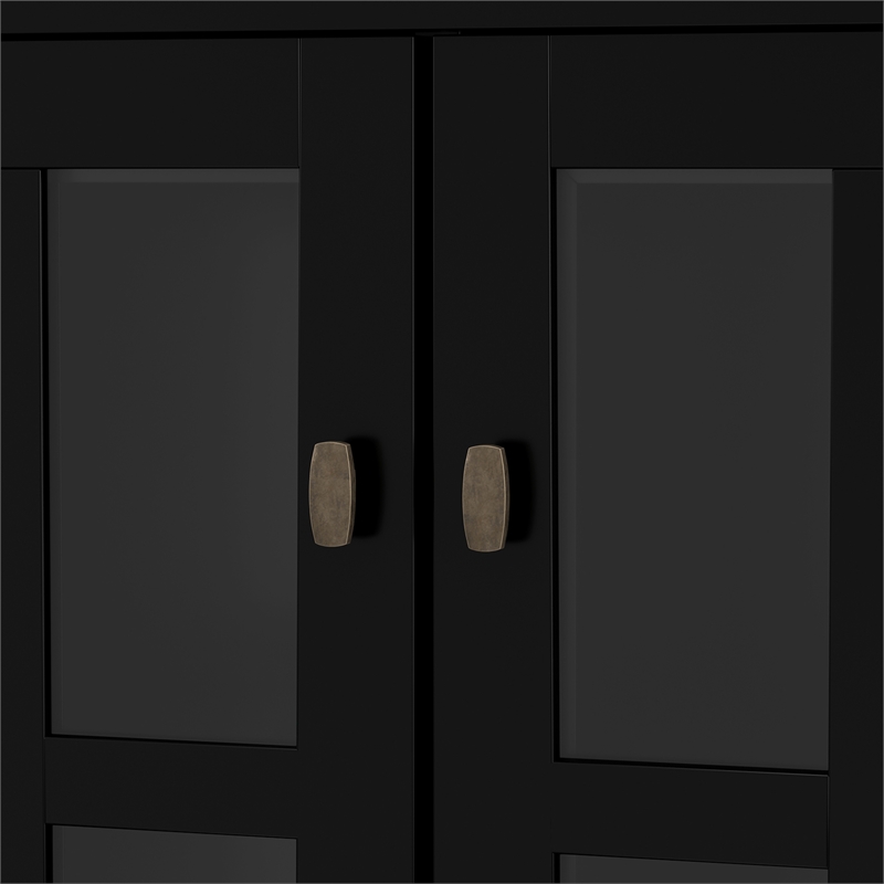 Pemberly Row Low Cabinet with Glass Doors in Black Solid Pine Wood