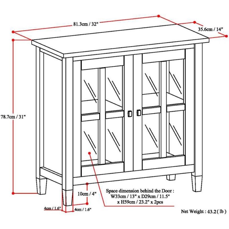 Pemberly Row Low Cabinet with Glass Doors in Black Solid Pine Wood