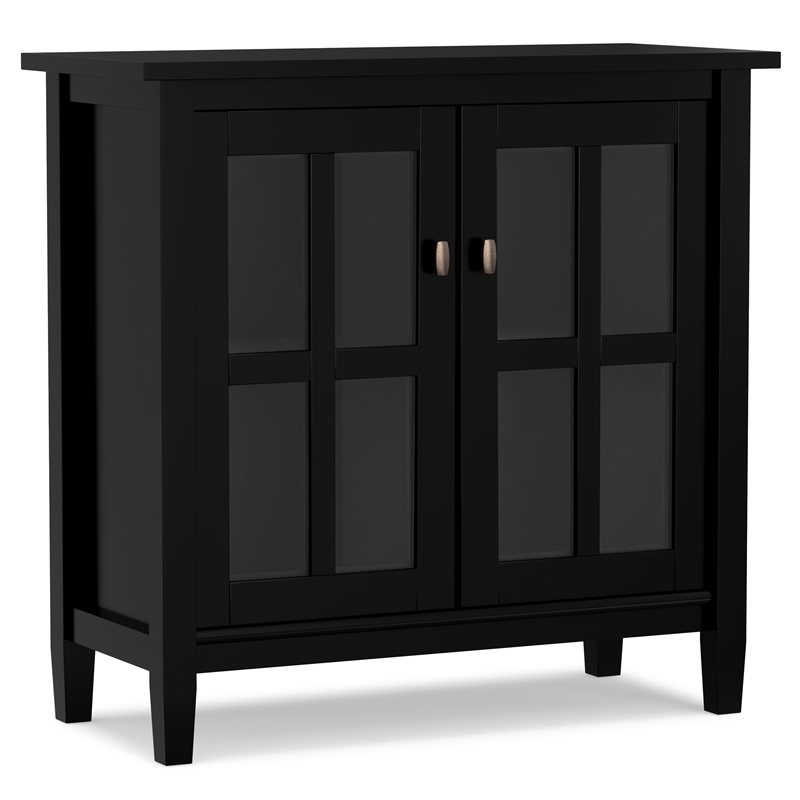 Pemberly Row Low Cabinet with Glass Doors in Black Solid Pine Wood