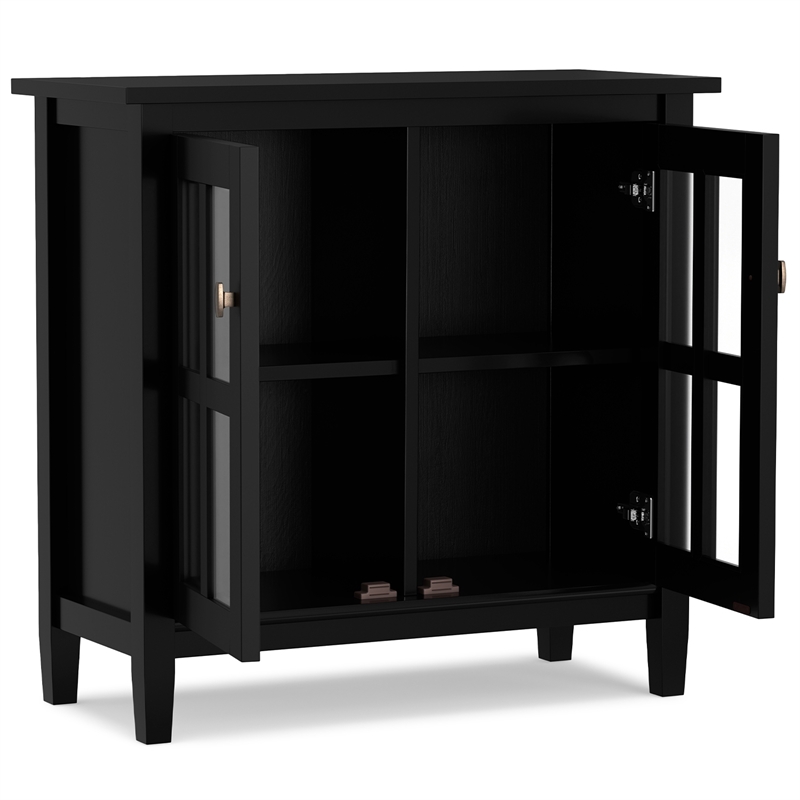 Pemberly Row Low Cabinet with Glass Doors in Black Solid Pine Wood