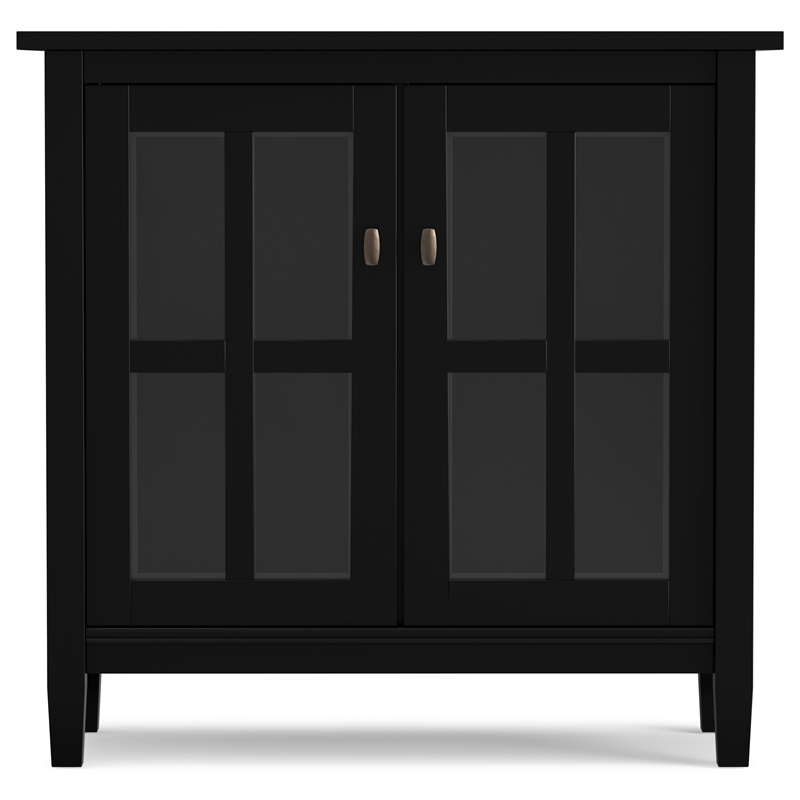 Pemberly Row Low Cabinet with Glass Doors in Black Solid Pine Wood