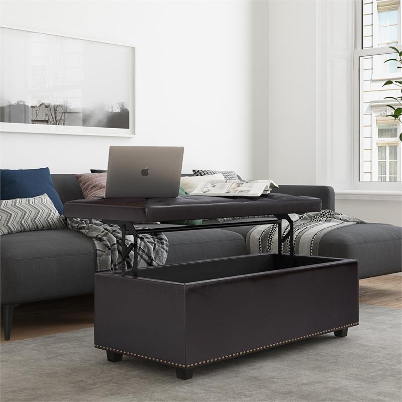 Pemberly Row 44 in Rectangle Lift Top Faux Leather Ottoman in Tanners Brown