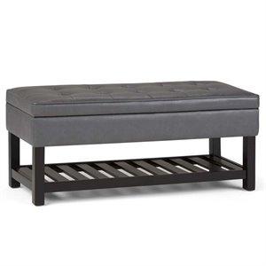Pemberly Row Storage Ottoman Bench with Open Shelf in Stone Grey Vegan Leather