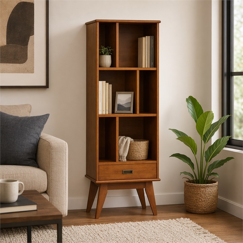 Pemberly Row 64 in Modern Bookcase with Storage in Teak Brown Hardwood