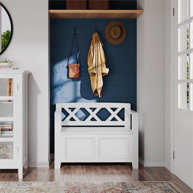 Pemberly Row 36 in Solid Wood Transitional Entryway Bench with Storage in White