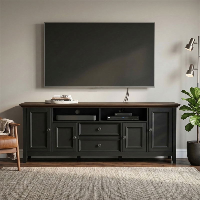 Pemberly Row 72-Inch Solid Wood TV Stand in Black/Smoky Brown
