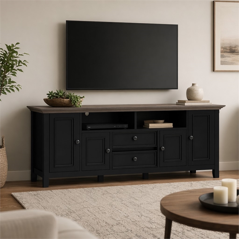 Pemberly Row 72-Inch Solid Wood TV Stand in Black/Smoky Brown
