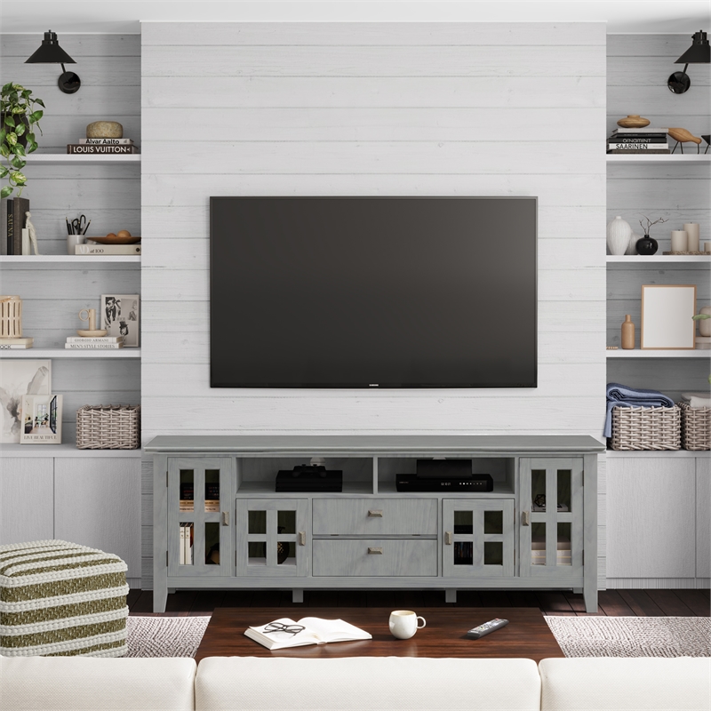 Pemberly Row Solid Wood 72 in Contemporary TV Stand in Fog Gray