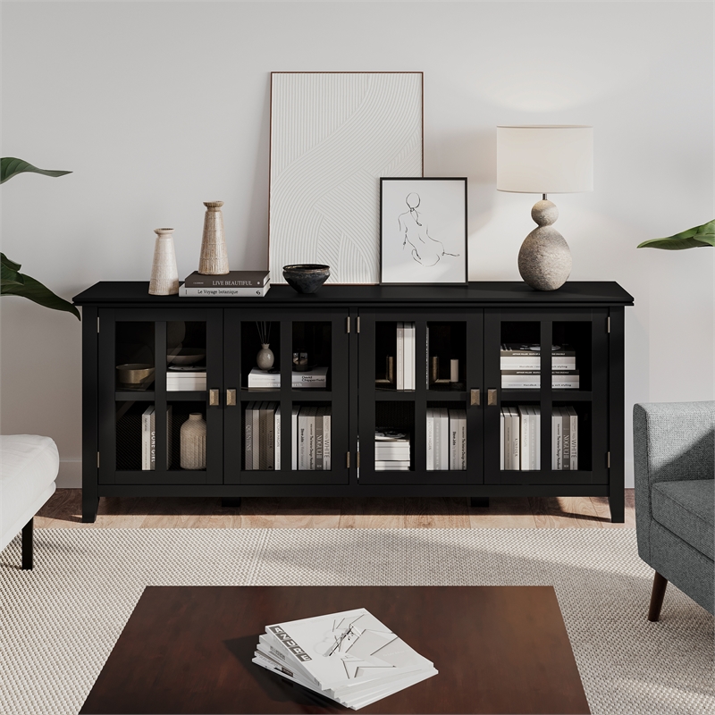 Pemberly Row 66 in Wide 4-Door Storage Cabinet Black Solid Wood