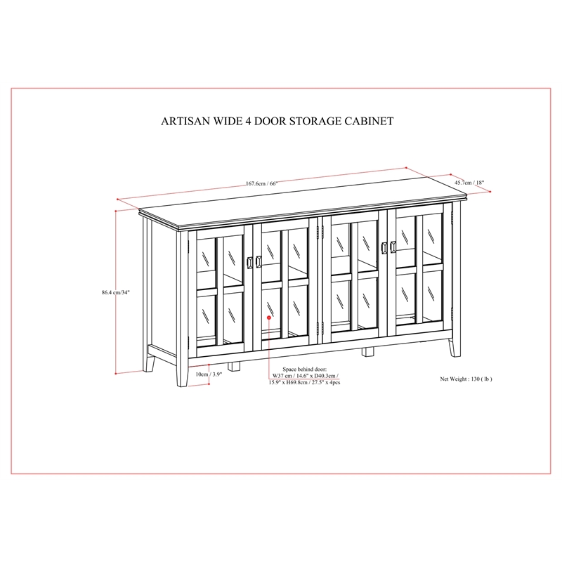 Pemberly Row 66 in Wide 4-Door Storage Cabinet Black Solid Wood