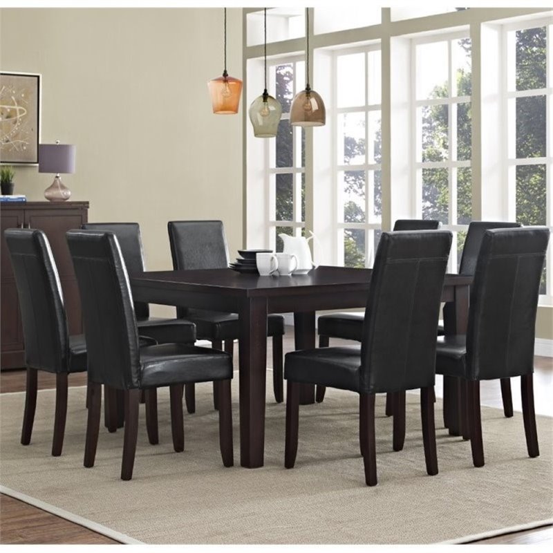 Pemberly Row 9 Pc Dining Set with Parson Chairs in Black Faux Leather