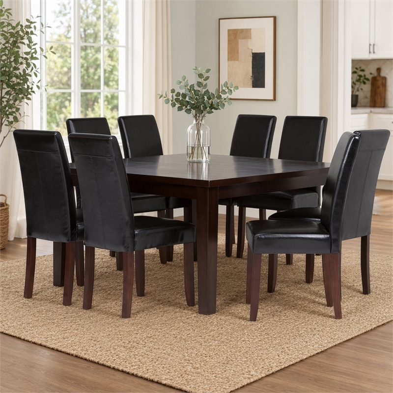 Pemberly Row 9 Pc Dining Set with Parson Chairs in Black Faux Leather