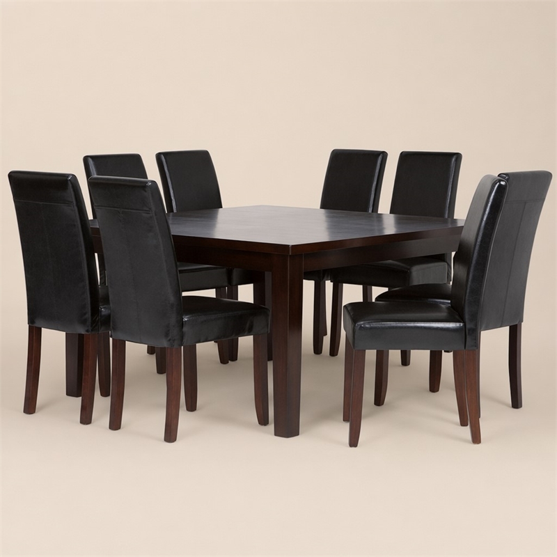 Pemberly Row 9 Pc Dining Set with Parson Chairs in Black Faux Leather