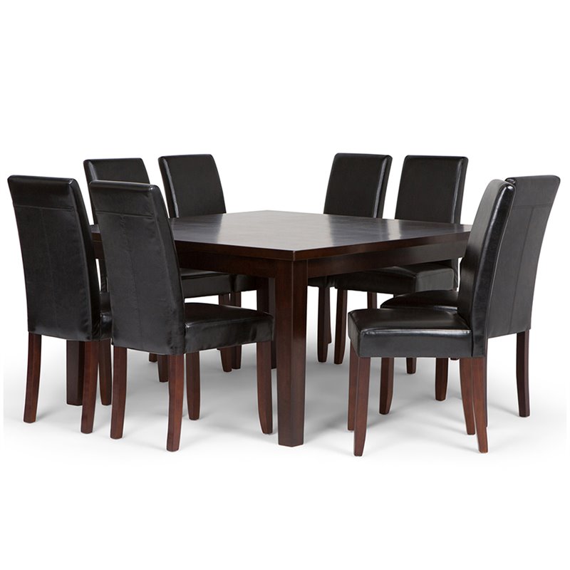 Pemberly Row 9 Pc Dining Set with Parson Chairs in Black Faux Leather