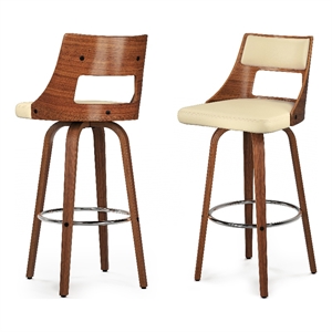 Pemberly Row Vegan Faux Leather Swivel Bar Stool Set of 2 in Cream