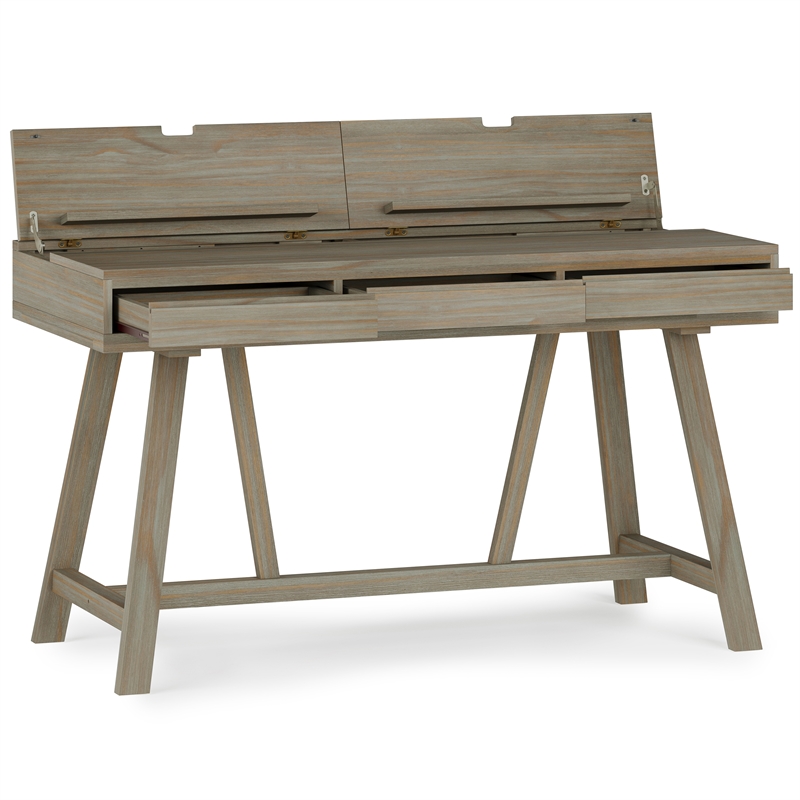 Pemberly Row Solid Wood Industrial Flip-Up Desk in Distressed Gray