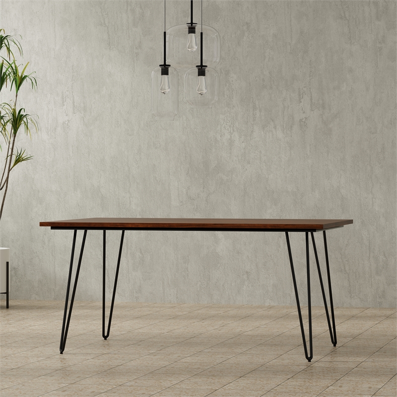 Pemberly Row Industrial Dining Table in Walnut Veneer with Black Metal Legs