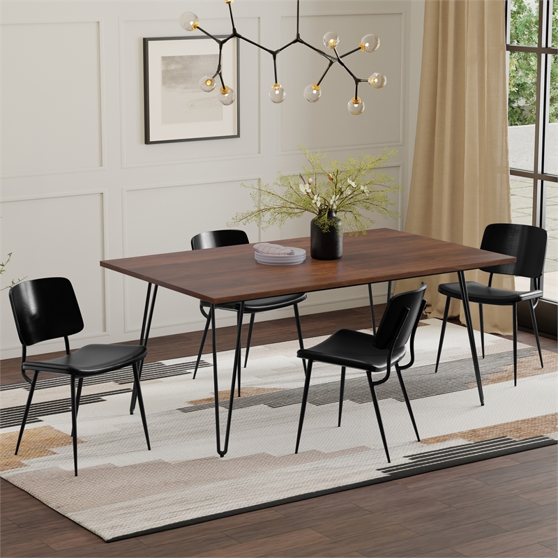 Pemberly Row Industrial Dining Table in Walnut Veneer with Black Metal Legs