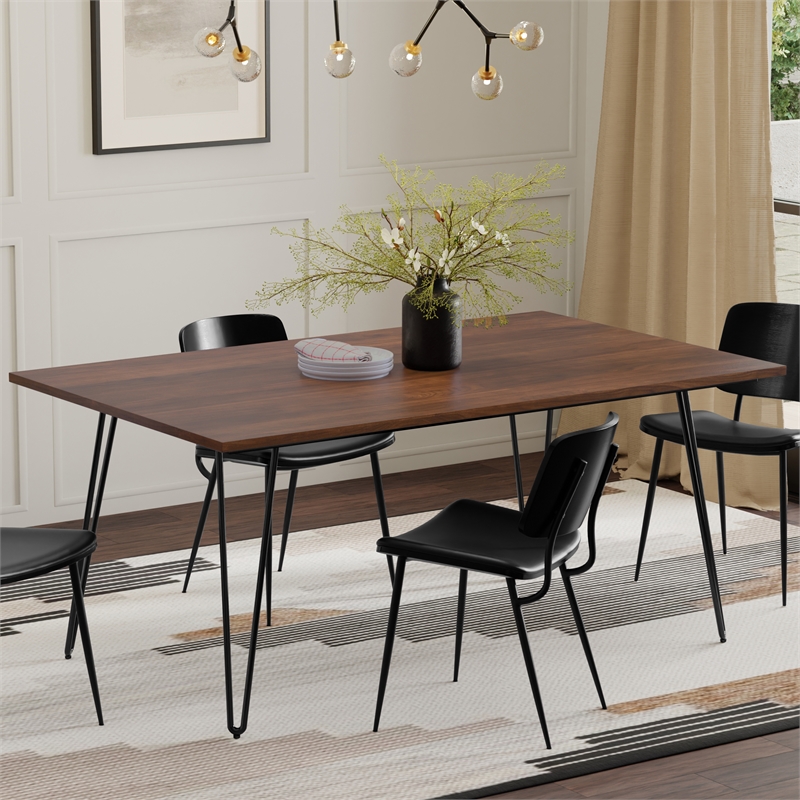 Pemberly Row Industrial Dining Table in Walnut Veneer with Black Metal Legs