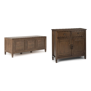 Pemberly Row Storage Bench and Cabinet Bundle in Natural Aged Brown Solid Wood