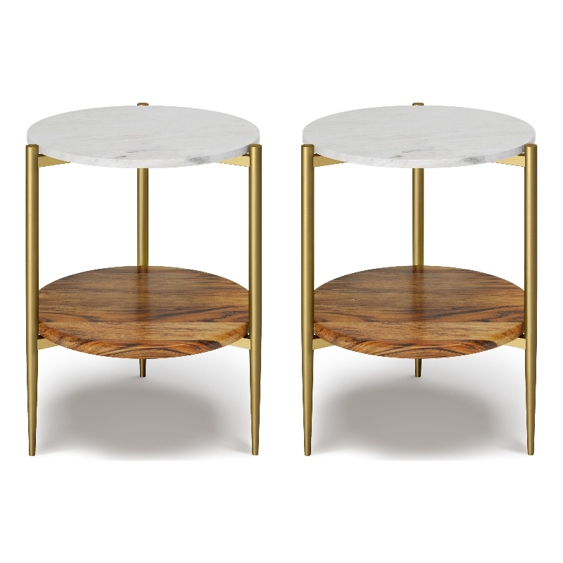 Pemberly Row Round Marble & Acacia Side Tables in White/Natural (Set of 2)