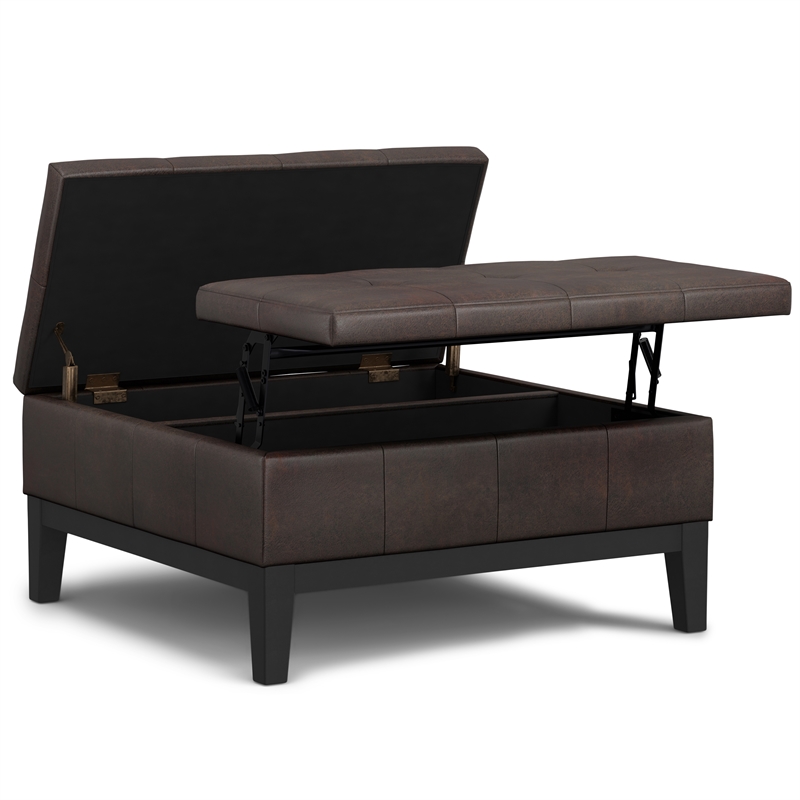 Pemberly Row 36 in Lift Top Coffee Table Ottoman in Brown Faux Leather