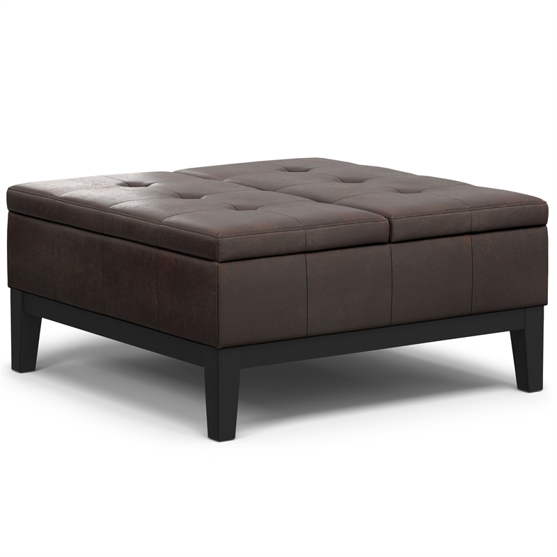 Pemberly Row 36 in Lift Top Coffee Table Ottoman in Brown Faux Leather