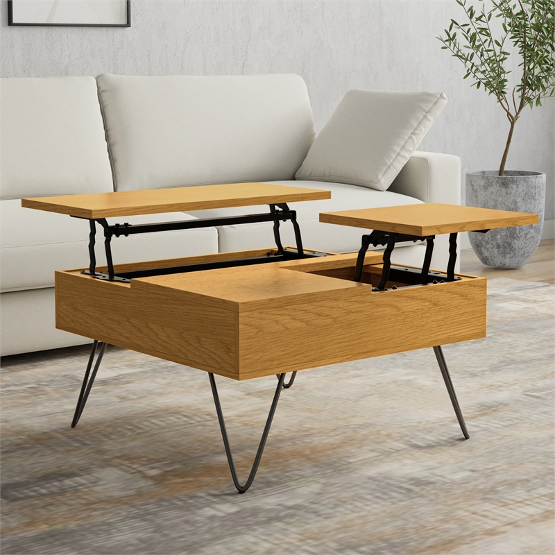 Pemberly Row Industrial Lift-Top Coffee Table in Solid Wood Oak Veneer