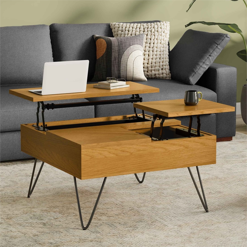 Pemberly Row Industrial Lift-Top Coffee Table in Solid Wood Oak Veneer