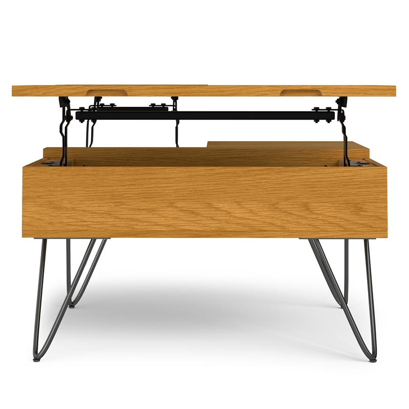 Pemberly Row Industrial Lift-Top Coffee Table in Solid Wood Oak Veneer