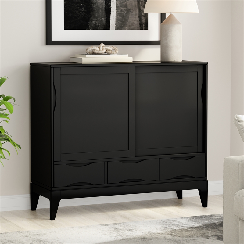 Pemberly Row Modern Hardwood Storage Cabinet with Sliding Doors in Black