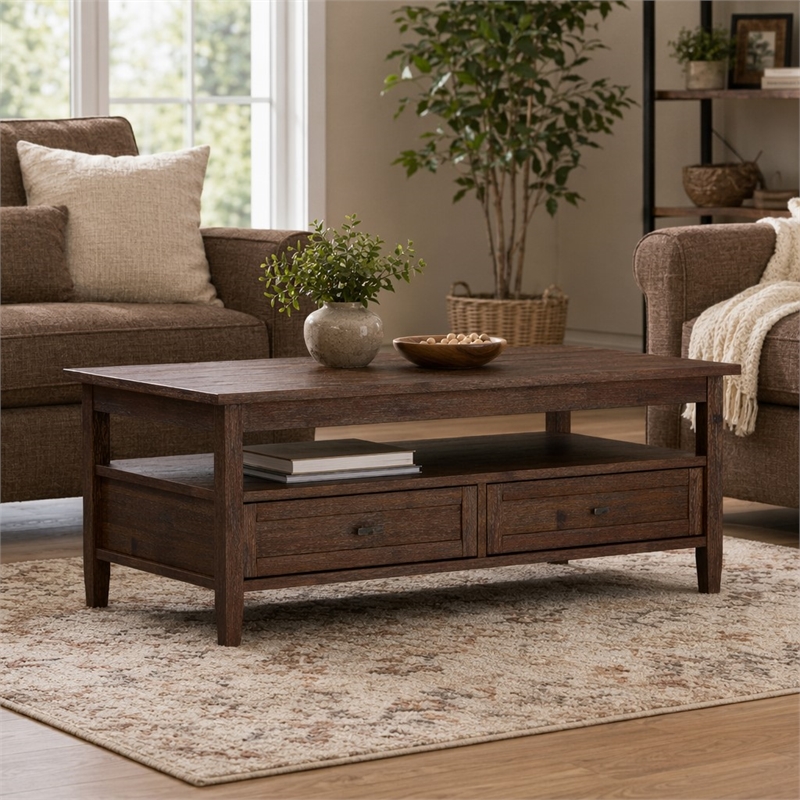 Pemberly Row Warm Shaker 48 in Wide Wood Coffee Table in Distressed Charcoal