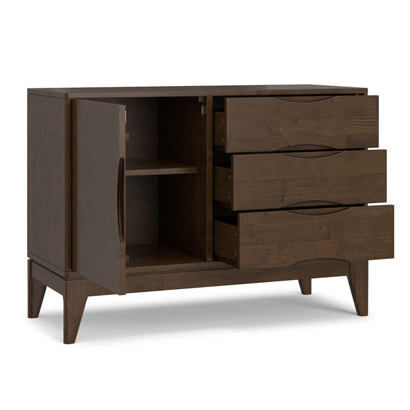 Pemberly Row Harper Solid Rubberwood Sideboard in Walnut Brown with 3 Drawers