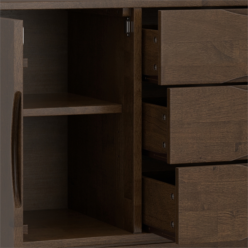 Pemberly Row Harper Solid Rubberwood Sideboard in Walnut Brown with 3 Drawers