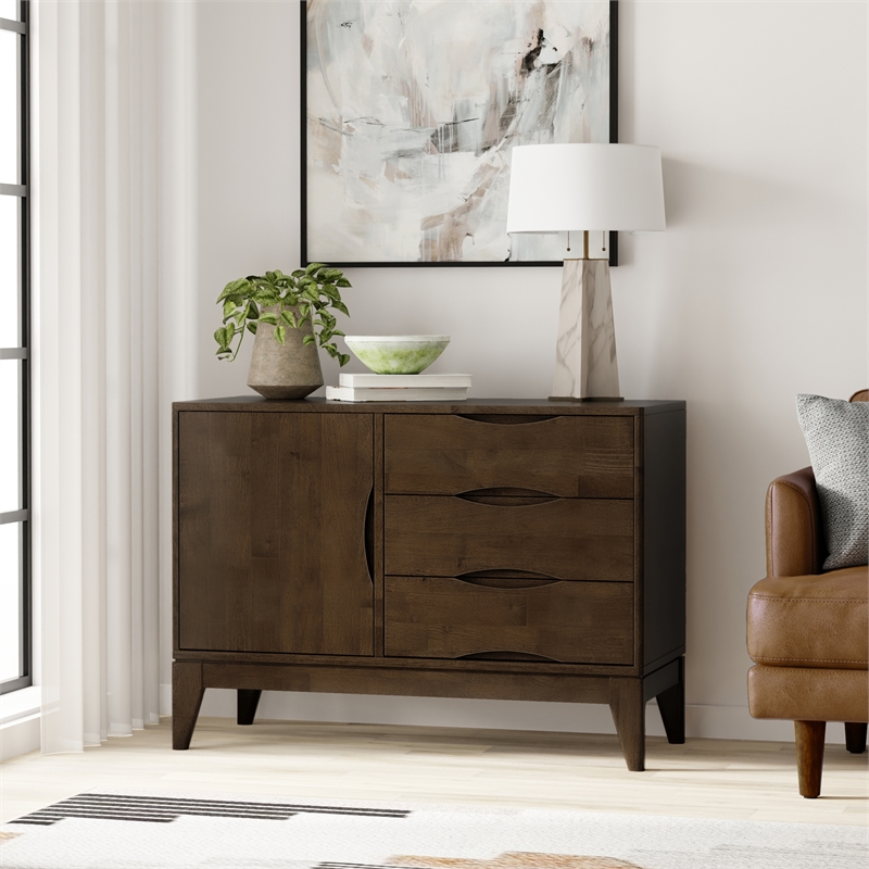 Pemberly Row Harper Solid Rubberwood Sideboard in Walnut Brown with 3 Drawers