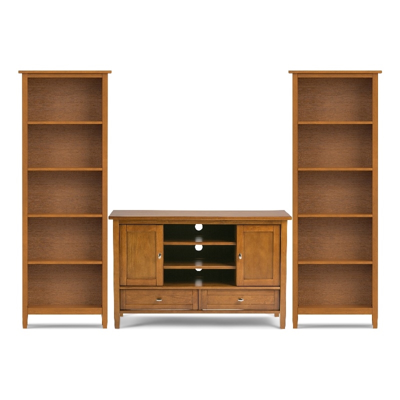 Pemberly Row Solid Wood 47 in TV Stand & 2 Bookcases Light Golden Brown