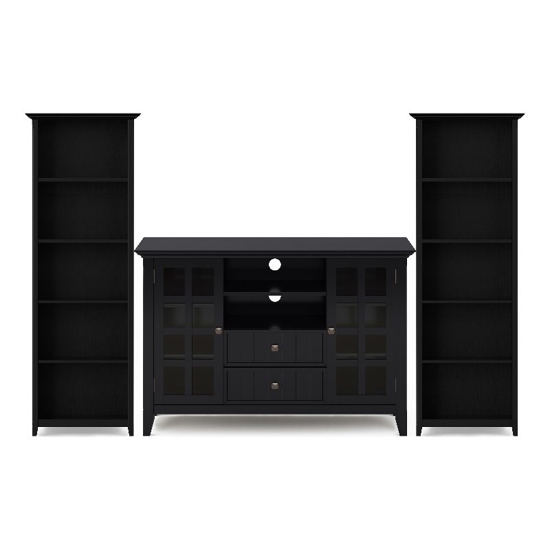 Pemberly Row 3-Piece Solid Pine TV Stand and 2 Tall Bookcases in Black