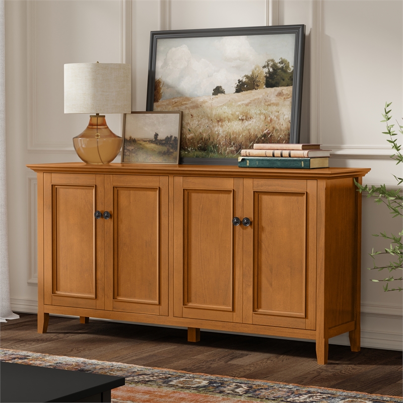 Pemberly Row Solid Wood 4 Door Storage Cabinet in Light Golden Brown