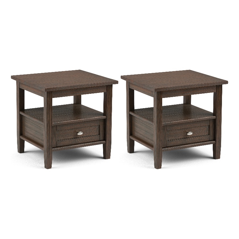 Pemberly Row Solid Wood End Table Set of 2 with Drawer in Farmhouse Brown