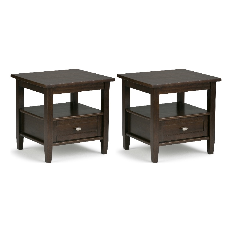 Pemberly Row Solid Wood End Table Set of 2 with Drawer in Tobacco Brown