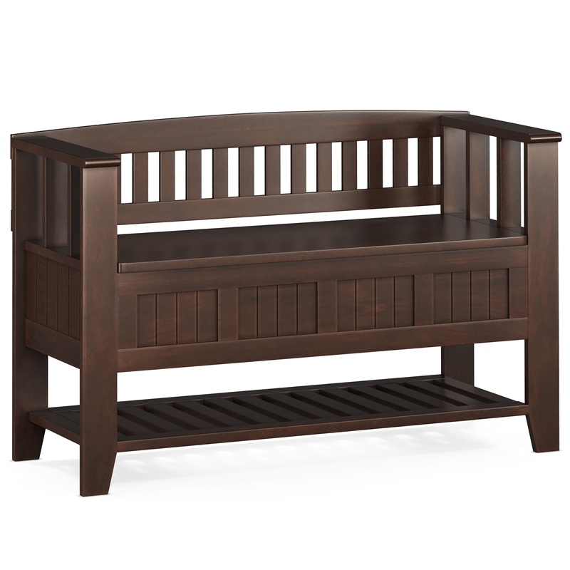 Pemberly Row Wood Storage Bench with Shelf and Cabinet in Brunette Brown