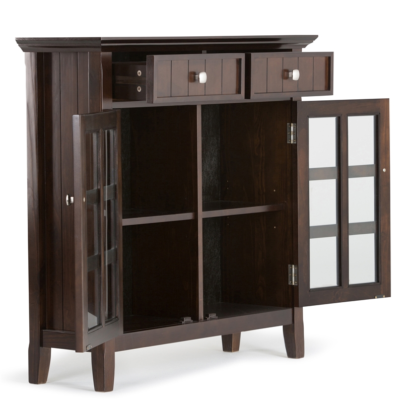 Pemberly Row Wood Storage Bench with Shelf and Cabinet in Brunette Brown