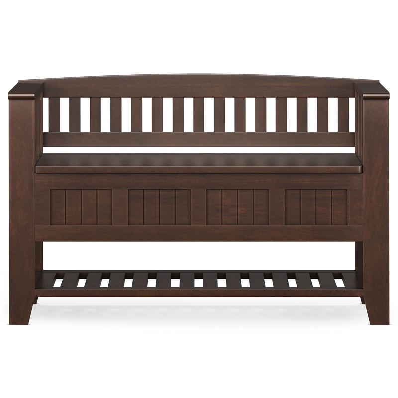 Pemberly Row Wood Storage Bench with Shelf and Cabinet in Brunette Brown