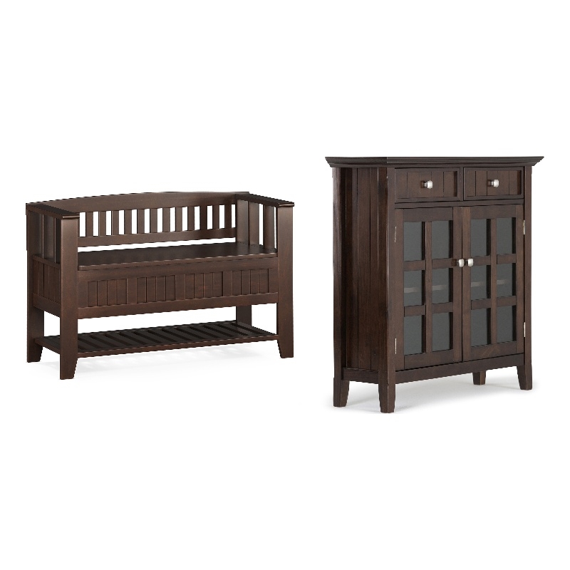 Pemberly Row Wood Storage Bench with Shelf and Cabinet in Brunette Brown